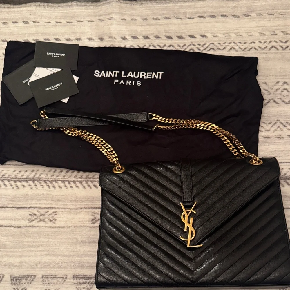 Saint Laurent Black Chevron Shoulder Bag with Gold Chain - Picture 1 of 5